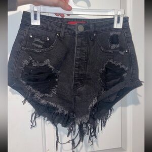 High-Waisted Black Ripped Jean Shorts (XS)